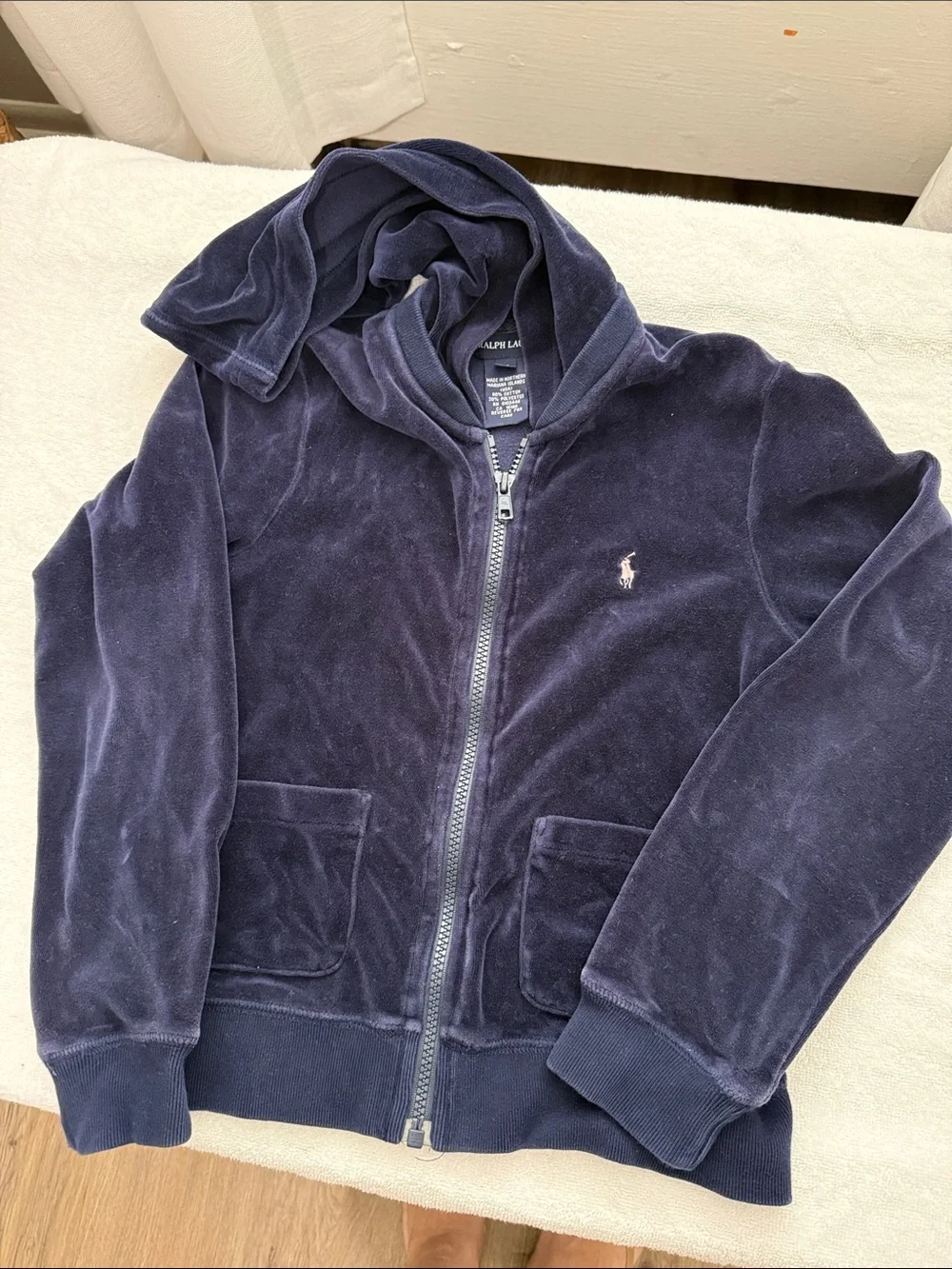 Ralph Lauren Navy Velour Zip-Up Hoodie with Pony Logo